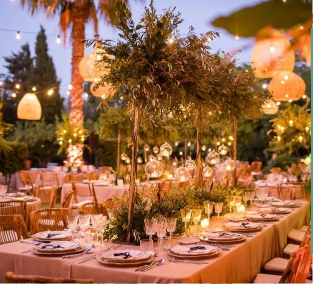 Elegant outdoor wedding reception styled by Swish Soirées with hanging lanterns, candlelight and lush greenery